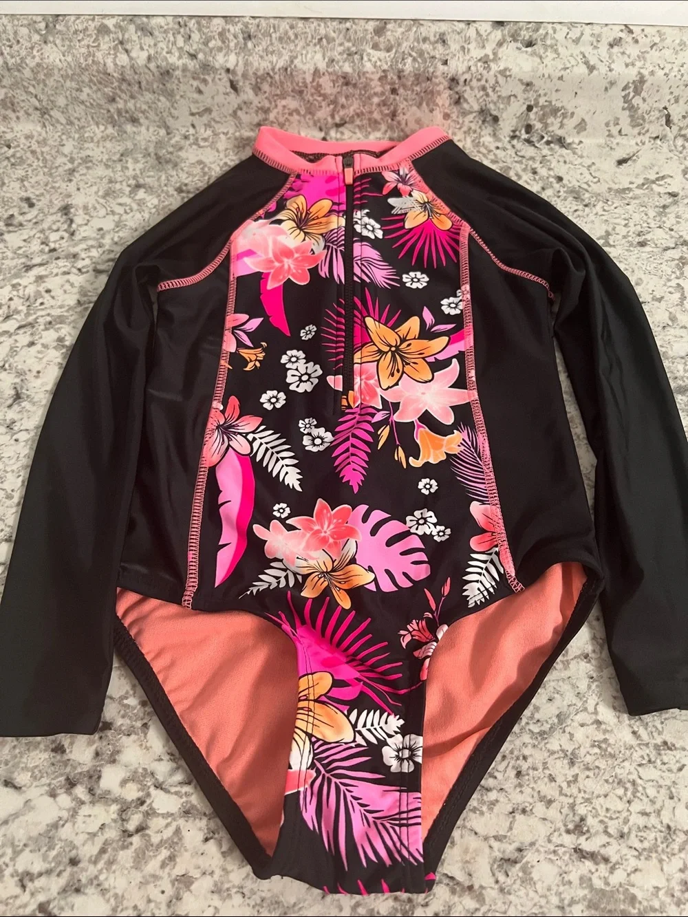 ZeroXposur Black Floral Pink Coral Long-Sleeve One-Piece Swimsuit size 7/8 girls
